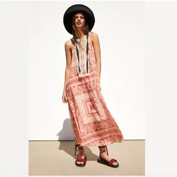 ZARA Boho Floral-Patch Maxi Dress with Crochet Neck and Fringe XS/S - Picture 3 of 16